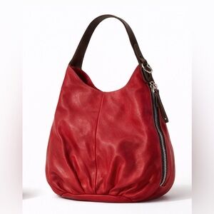 Roots Red and Brown Leather Hobo Bag with Silver Details